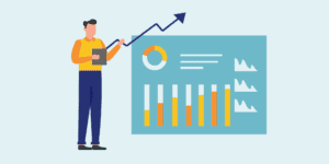 Illustration of a professional presenting financial charts with rising graphs, symbolizing career growth through CFP® certification