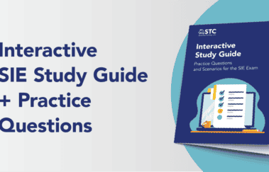 Front cover of the STC SIE study guide featuring exam practice questions and a checklist illustration