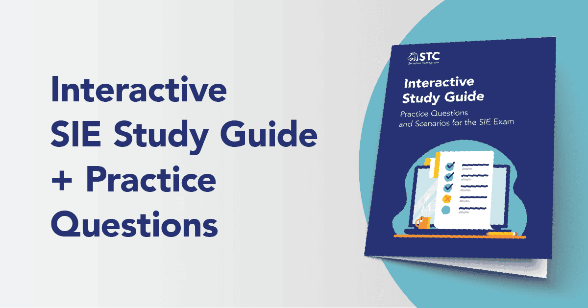 Front cover of the STC SIE study guide featuring exam practice questions and a checklist illustration